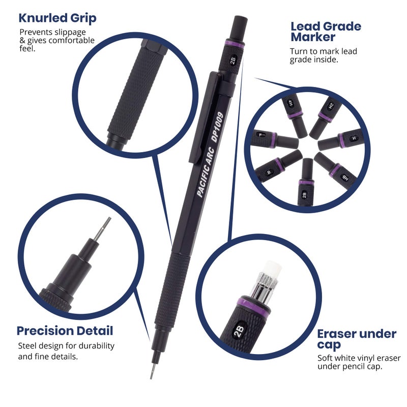 Pacific Arc Chromagraph Metal Mechanical Pencil .9 mm Black Barrel Mechanical Pencil with Built In Lead Pencil Grade Indicator, Lead Pencil Holder for Drafting, Sketching, and Drawing - Image 2